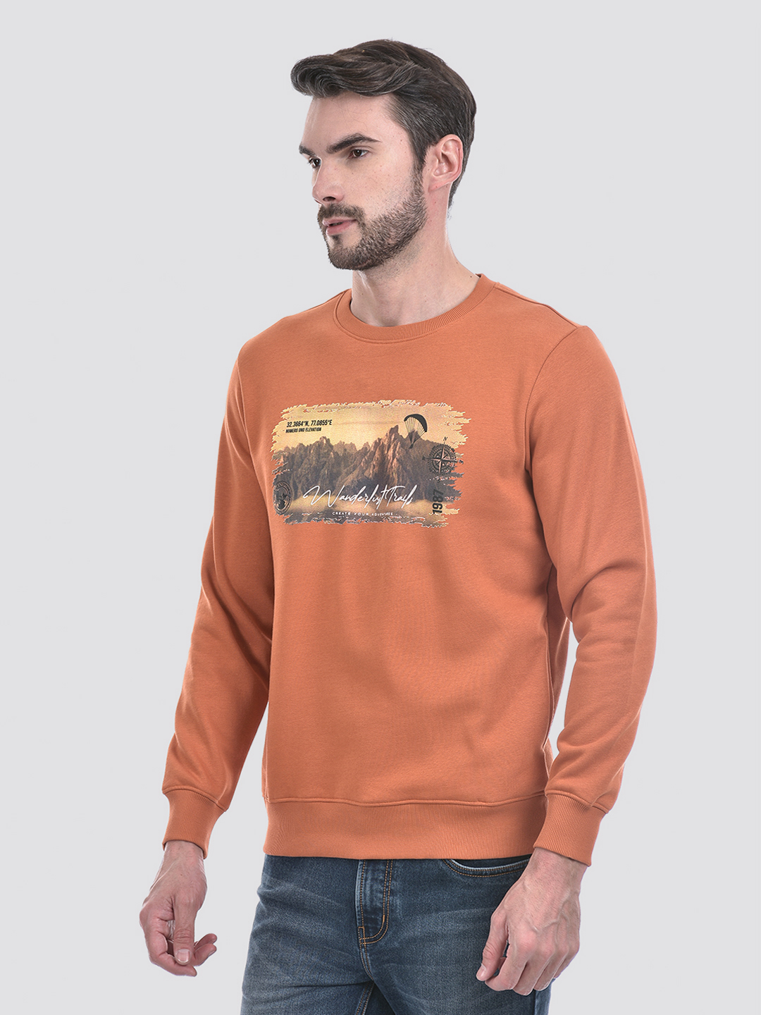 Numero Uno Men Orange Printed Round Neck Brushed Fleece Sweatshirt